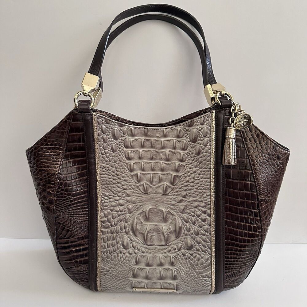 Brahmin Marianna Tote Quill Embossed Brown Taupe Colorblock Croc Bag